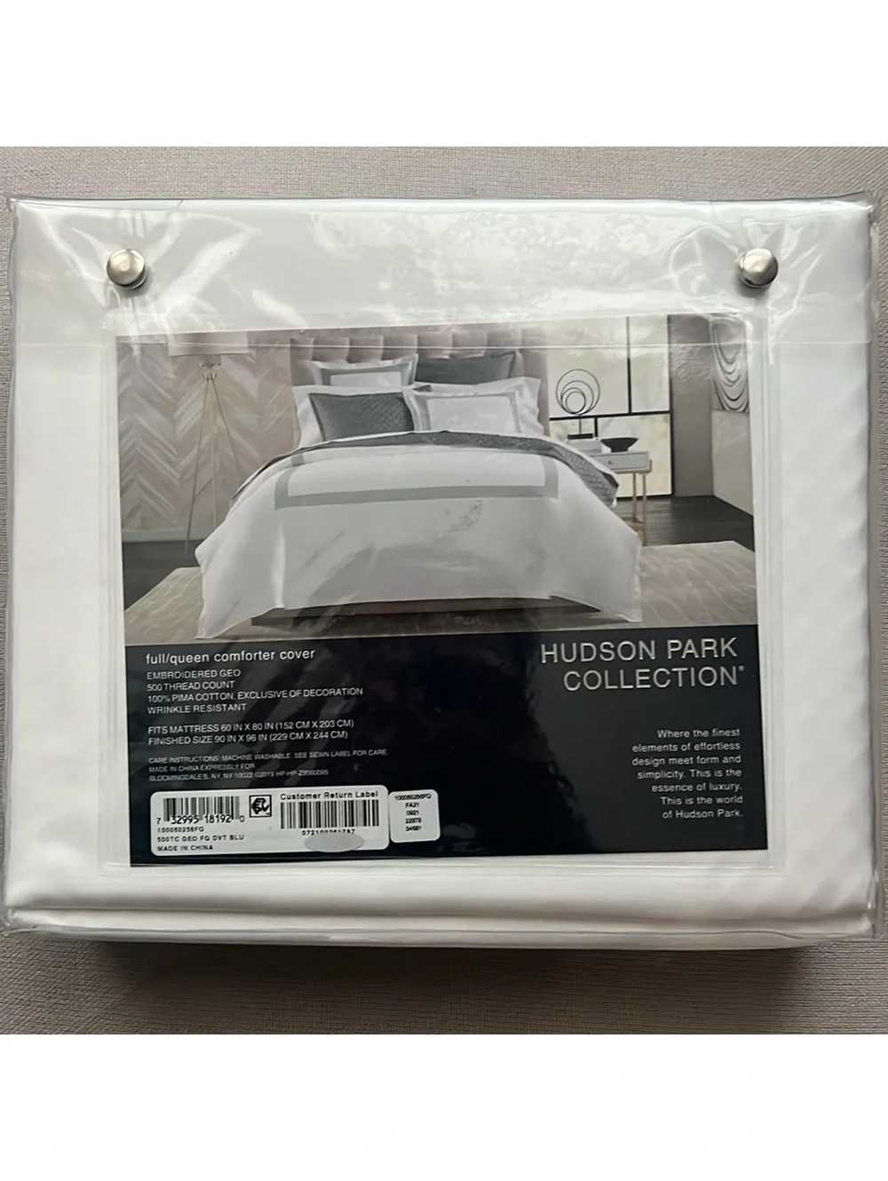 Hudson Park Collection Blue 500TC Embroidered Geo Duvet Cover, Queen NWT $330